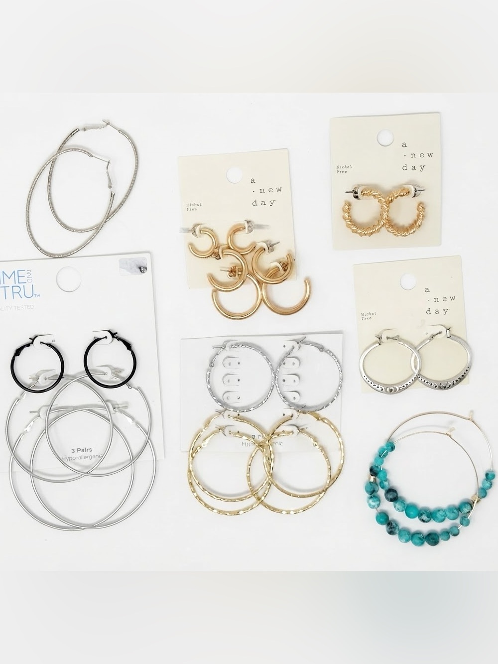 Lot 13 pairs Assorted Hoop Earrings Gold, Silver, Turquoise Lucky & Mixed Brands